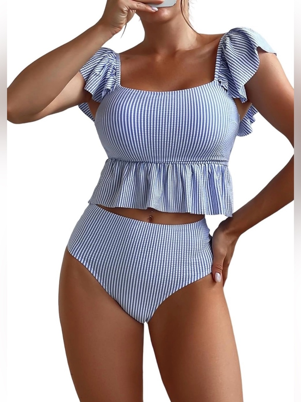 NWOT SOLY HUX Blue & White Ruffle Striped 2Pc Tankini Swimsuit Women's XS